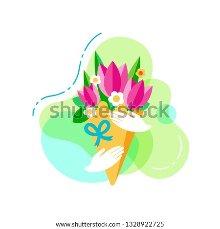 Bouquet of flowers in the hands flat vector icon. Concept of International Womans day. Sign for web or mobile app. UIUX, GUI user interface. Vector clipart, illustration.