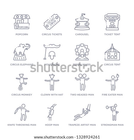 set of 16 thin linear icons such as strongman man, trapeze artist man, hoop man, knife throwing fire eater two headed clown with hat from circus collection on white background, outline sign icons or