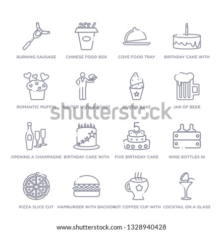 set of 16 thin linear icons such as cocktail on a glass, hot coffee cup with hearts, hamburger with bacoon, pizza slice cut, wine bottles in a box, five birthday cake, birthday cake with candles