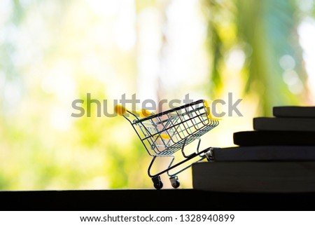 
Shopping carts that are climbing up the stack of books that look like stairs.