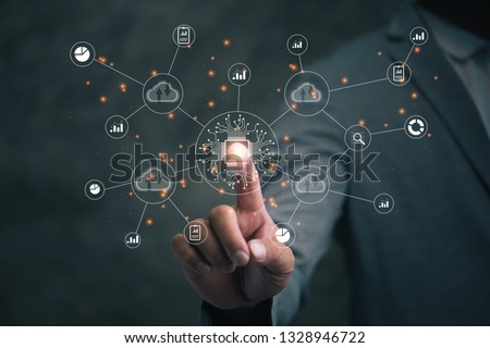 Digital transformation change management, internet of things. new technology bigdata and business process strategy, automate operation, customer service management, cloud computing, smart industry Royalty-Free Stock Photo #1328946722