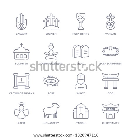 set of 16 thin linear icons such as christianity, taoism, monastery, lamb, god, shinto, pope from religion collection on white background, outline sign icons or symbols