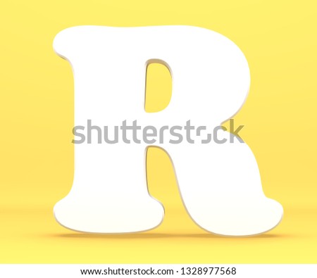 3d rendering illustration. White paper letter alphabet character R font. Front view capital symbol on a blue background.