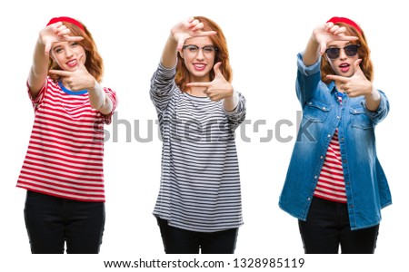 Collage of young beautiful redhead woman over isolated background smiling making frame with hands and fingers with happy face. Creativity and photography concept.