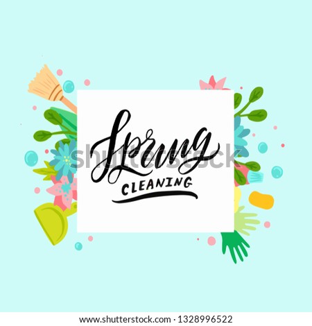 Hand sketched Spring cleaning text as logotype, logo, badge and icon on bright background with tools and flowers. Postcard, card, invitation, flyer, banner template. Lettering typography.