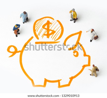 Miniature people on paper with piggy bank sketch. Money savings concept.