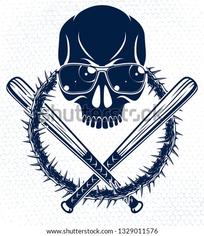 Gang brutal criminal emblem or logo with aggressive skull baseball bats design elements, vector anarchy crime terror retro style, ghetto revolutionary.