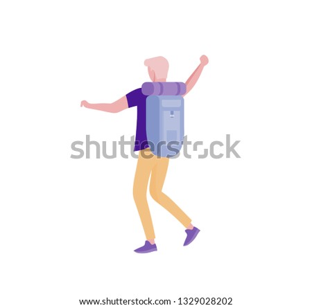 People characters man for hiking and trekking, holiday travel vector, hiker and tourism illustration. Happy Tourists travelling with friends dancing and hugging