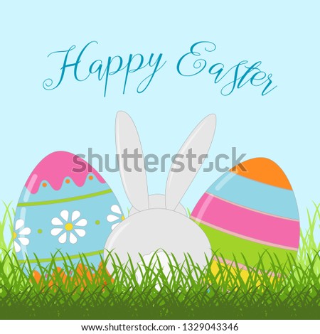 Happy Easter card with bunny and colorful Easter eggs on green spring grass. Easter background. Vector illustration.
