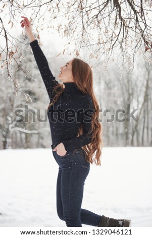 I wanna to reach that branch. Pretty girl with long hair and in black blouse is in the winter forest.
