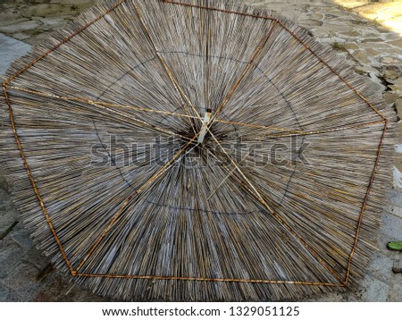 Thatched roof in the shape of an umbrella with rusty spokes lying on the floor Royalty-Free Stock Photo #1329051125