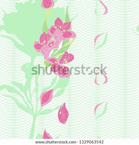 Vector flowers seamless pattern with green leaves and pink alstroemeria