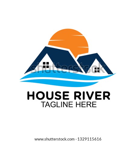 house and river logo design inspiration for real estate, clip art vector