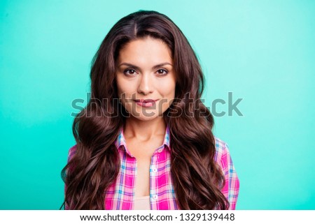 Close-up portrait of her she attractive charming lovely sweet content magnificent wavy-haired lady wearing checked shirt isolated over teal turquoise bright vivid shine background