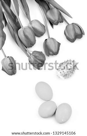 Easter symbols concept. Bouquet of spring tulips for holiday. Tulips in pink or red colors isolated on white background. Bunch of flowers near blue Easter eggs.