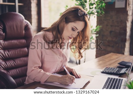 Close up photo beautiful she her business lady hold pen page contract purchase buy buyer real estate company leader client cooperation sit big office chair wearing shirt formal wear