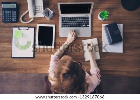 Close up top above high angle view photo beautiful she her business lady work day night notice web course information table papers notebook organizer sit office chair wearing specs shirt formal wear Royalty-Free Stock Photo #1329167066