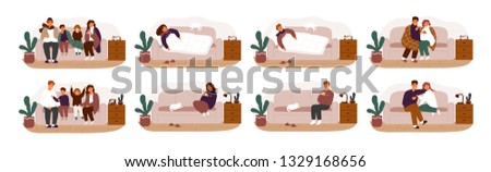 Collection of ill or sick and recovered people on sofa or couch. Bundle of adults and children having influenza, common cold or infection and recovering. Vector illustration in flat cartoon style. Royalty-Free Stock Photo #1329168656