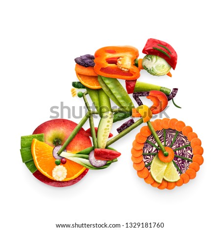 Creative diet food healthy eating concept photo of cyclist riding electric bicycle in details made of fresh fruits and vegetables full of vitamins on white background. Royalty-Free Stock Photo #1329181760