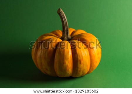 Little pumpkin on green background with light from one side and with shadow