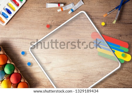 Creative Easter background, copy space with colorful eggs