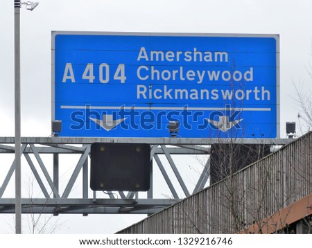 M25 Motorway exit sign at Junction 18 for Amersham, Chorleywood and Rickmansworth