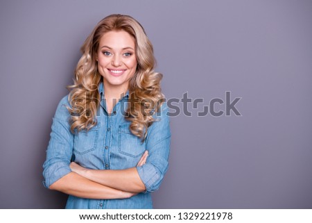 Close up photo amazing attractive beautiful glad her she lady arms crossed wave wealth hair styling white teeth wearing casual jeans denim shirt clothes outfit isolated grey background