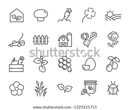 set of spring icons , such as harvest, farm, easter, flower, rain, garden