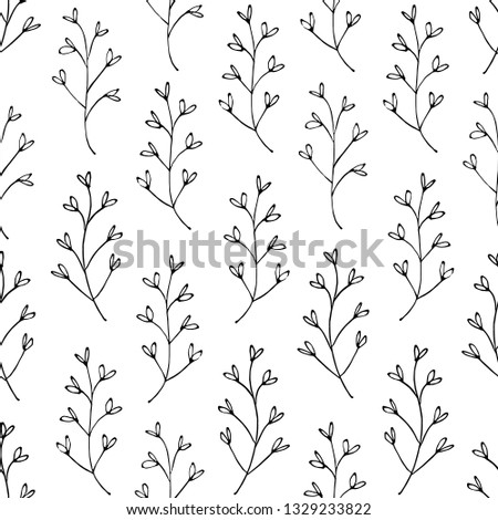 Seamless botanical vector pattern. White background with black elements, Ideal for backgrounds or textiles. 