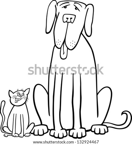 Black and White Cartoon Illustration of Cute Small Cat and Funny Big Dog or Great Dane in Friendship for Coloring Book