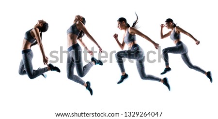 Concept endurance strength persistence sport. Full length full size portrait she her beautiful sporty energetic active purposeful sportswoman running jumping isolated white background