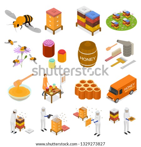 Apiary Sign 3d Icon Set Isometric View Include of Honeycomb, Bee, Beekeeper and Honey. Vector illustration of Icons