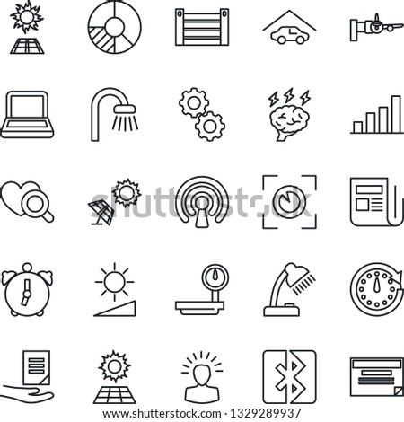 Thin Line Icon Set - boarding vector, brainstorm, document, circle chart, heart diagnostic, container, heavy scales, news, alarm, brightness, bluetooth, bar graph, desk lamp, notebook pc, sun panel