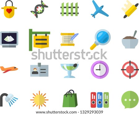 Color flat icon set shower flat vector, fence, apron, rolling pin, porridge, sun, signboard, magnifier, bags, ultrasound, clock, folder, target, hostory roll, dna, aircraft fector, cocktail, badge