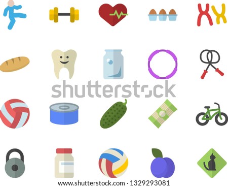 Color flat icon set spaghetti flat vector, egg, bread, canned food, cucumber, plum, glass bottles, chromosomes, tooth, dumbbell, weight, volleyball, heartbeat, bicycle, vitamins, skipping rope, hoop