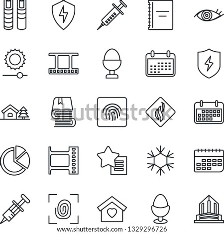 Thin Line Icon Set - syringe vector, eye, term, film frame, favorites list, protect, brightness, fingerprint id, copybook, pie graph, book, house with tree, sweet home, egg stand, snowflake
