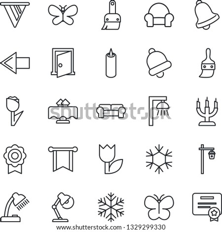 Thin Line Icon Set - left arrow vector, butterfly, garden light, tulip, themes, bell, sertificate, desk lamp, cushioned furniture, restaurant table, candle, snowflake, outdoor, door, pennon
