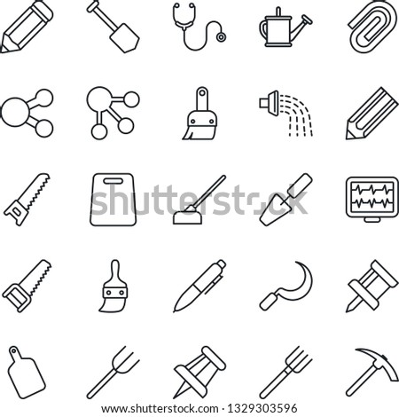 Thin Line Icon Set - pen vector, drawing pin, job, pencil, trowel, farm fork, watering can, saw, hoe, sickle, monitor pulse, stethoscope, themes, paper clip, cutting board, social media, hard work