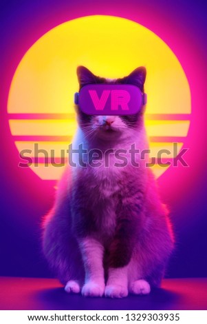 Cat wearing virtual reality goggles wireless headset. VR videogame experience in 80's synth wave and retro vaporwave futuristic aesthetics.