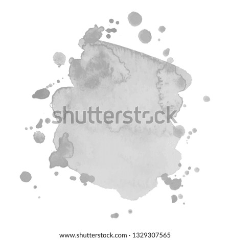 Gray watercolor spot with droplets, smudges, stains, splashes. Grayscale blot in grunge style.