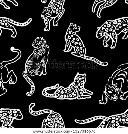 Seamless pattern. Leopard print. Trend print with wild cats. Leopard spots. Leopards and tigers are isolated on a black background. Hand drawn linear illustration.