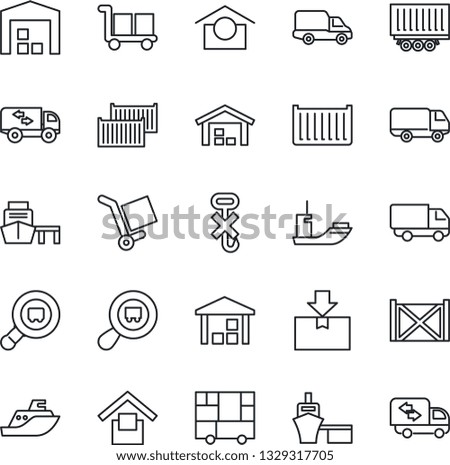 Thin Line Icon Set - sea shipping vector, truck trailer, cargo container, car delivery, port, consolidated, warehouse storage, no hook, package, search, moving