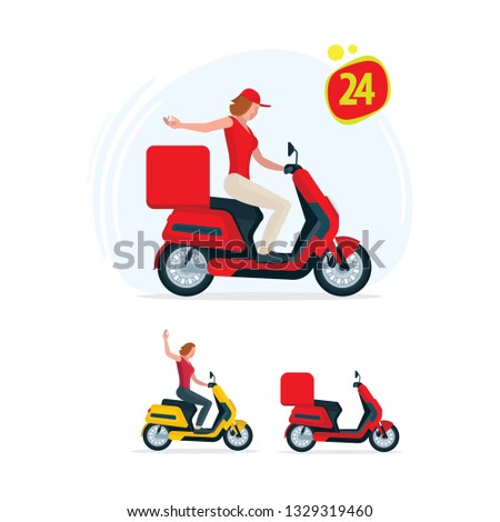 Delivery girl riding scooter. Fast Delivery service by courier. 
Scooter riding vector illustrations set.
