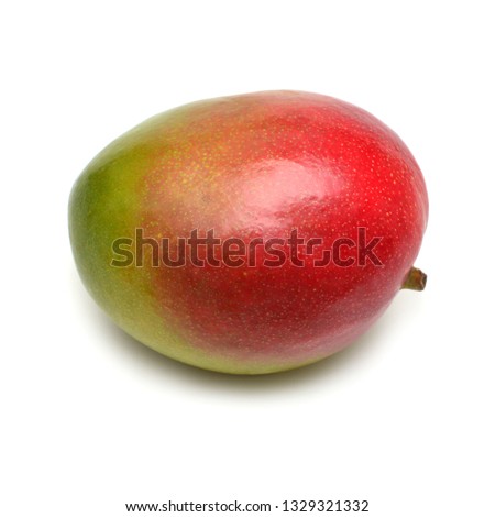 Mango whole isolated on white background. Beautiful multicolored tropical fruit of yellow, red, green. Flat lay, top view, creative concept