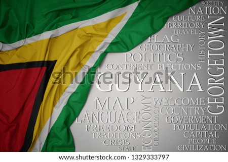waving colorful national flag of guyana on a gray background with important words about country . concept