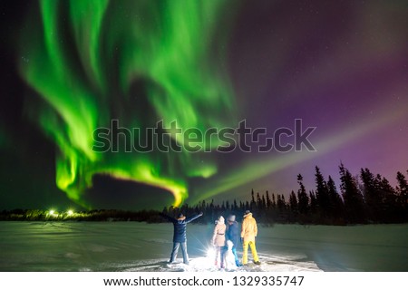 Multicolored green Violet vibrant Aurora Borealis Polaris, Northern Lights in night sky over winter Lapland landscape, Norway, Scandinavia. Concept travel team people. Soft focus blur effect Royalty-Free Stock Photo #1329335747