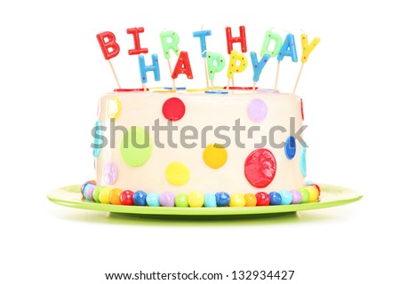 Delicious cake with happy birthday candles, isolated on white background