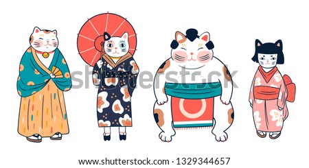 Various cats dressed in traditional japanese clothes. Anthropomorphic animals. Kawaii illustration. Hand drawn colored vector set. All elements are isolated