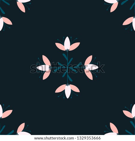 Vector seamless floral pattern in minimalistic scandinavian style on dark background.