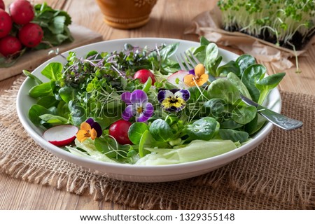 Spring salad with edible flowers - pansies, lamb's lettuce and fresh broccoli and kale microgreens